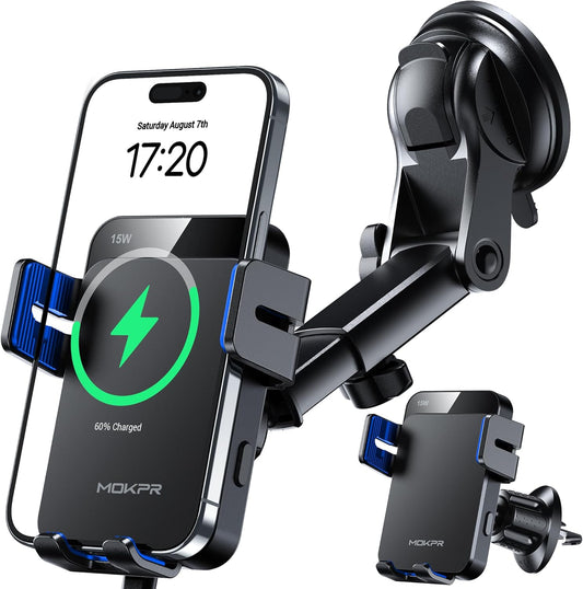 MOKPR Wireless Car Charger, 15W Auto Clamping Car Charger Dash Windshield Air Vent Phone Holder Compatible with iPhone 16 15 14/13/13 Pro/12 pro/12/11/X/8, Samsung S24/S23/S22, Blue