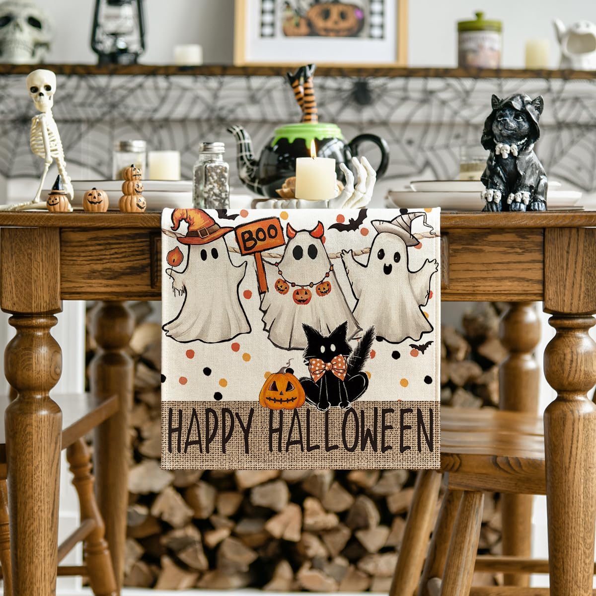 Artoid Mode Beige Ghost Jack-O'-Lantern Black Cat Halloween Table Runner,Holiday Kitchen Dining Table Decoration for Home Party Decor 13 x 120 Inch