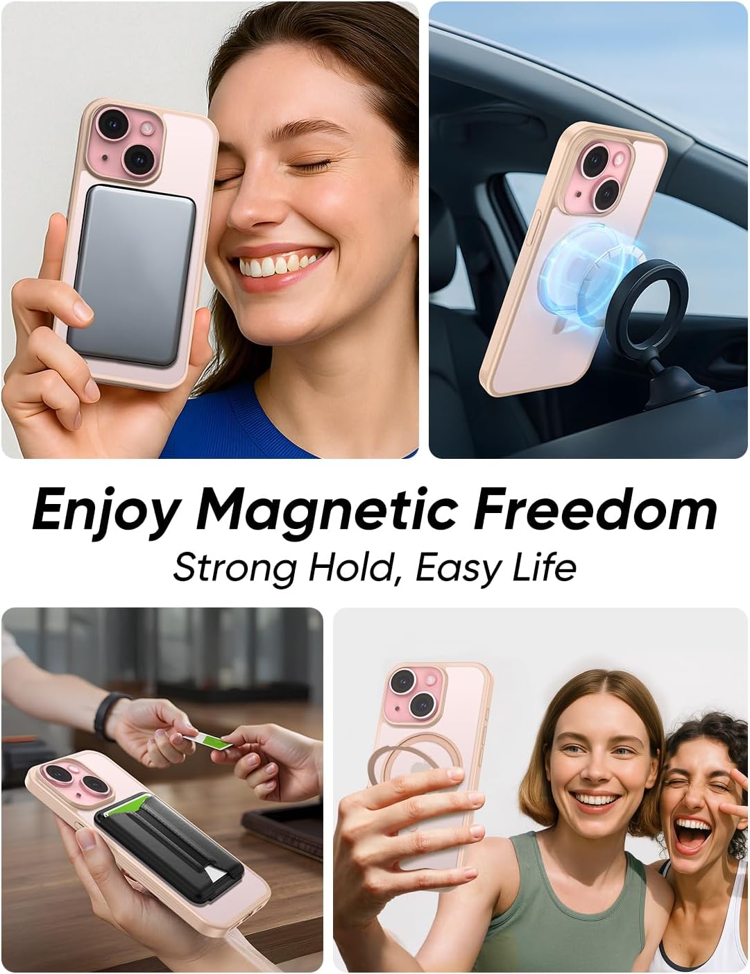MAGIC JOHN for iPhone 15 Case 360° Rotatable Magnetic Invisible Stand, Fit for MagSafe 15 Phone Case, 16FT Military Grade Shockproof for iPhone Case with Kickstand, Rose Gold