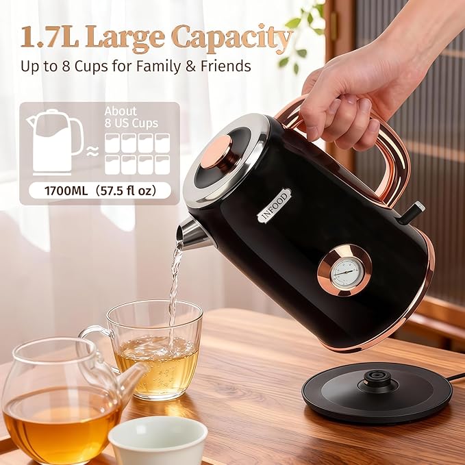 INFOOD Retro Electric Kettle 1.7L/57oz with Thermometer - 1500W Fast Boiling Stainless Steel Hot Water Tea Kettle, BPA-Free, Cordless, Auto Shut-Off, Boil-Dry Protection, Black