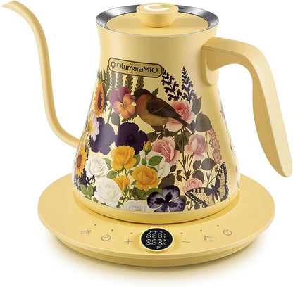 0.8L/27oz Gooseneck Electric Kettle - ±1℉ Precise Temperature Control for Pour Over Coffee & Tea, 1200W Fast Heating, Auto Shut-Off, Built-in Brew Timer, BPA-Free Stainless Steel, Floral