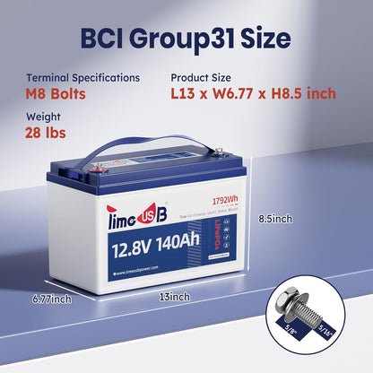 12.8V 140Ah Lithium Battery, LiFePO4 Battery with Low-Temp Protection, Built-in 100A BMS, 10 Years Lifespan, for RV, Solar, Trolling Motor, Marine, Travel Trailer, Energy Storage, Off Grid