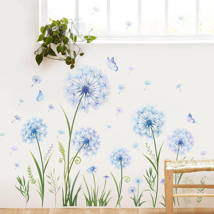 Dandelion Flower Butterfly Wall Decals Blue Dandelion Plants Floral Wall Stickers Peel and Stick Vinyl Wall Art Decor for Living Room Bedroom Office TV Sofa Backdrop Home Decor Gifts for Mom