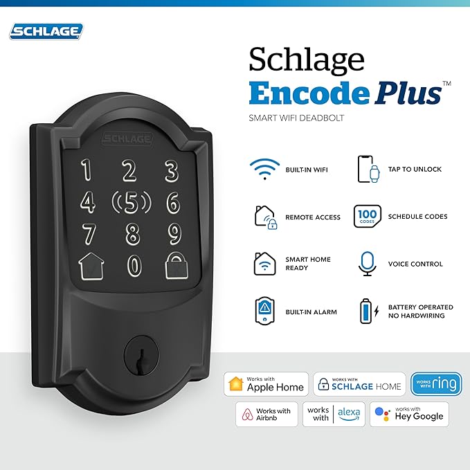 Schlage Encode Plus Smart Wi-Fi Lock for Front Door, Keyless Entry Deadbolt, Unlock with Apple Watch, Built-in WiFi and App Control, Easy Install, Alexa & Apple HomeKit Compatible, Matte Black
