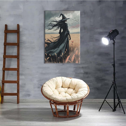 JFHCQJPK Gothic Decor Canvas Wall Art Witch in Rice Field Halloween Art Decor Print Nature Print Victorian Home Bedroom24x36in Frameless
