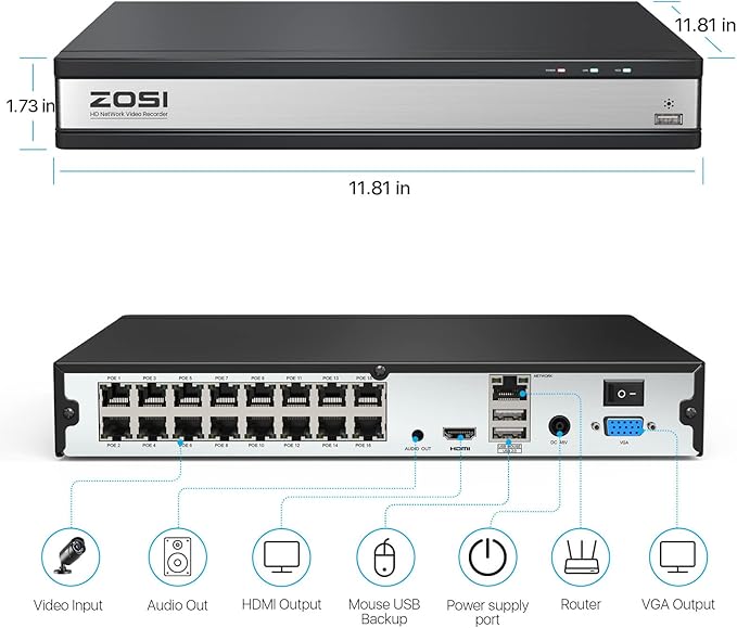 ZOSI 4K 16CH PoE NVR with 4TB Hard Drive,8MP Network Video Recorder Home Security Camera Surveillance System,24/7 Recording,Only Compatible with ZOSI 4K/8MP/5MP/4MP PoE Camera(32 Channel 16-Port)