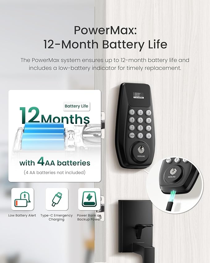 DESLOC C100 Keyless Entry Door Lock with Handle Set, Smart Deadbolt Lock for Front Door with 2 Keys, Auto Lock, 100 PIN Codes, Passage Mode, IP54 Waterproof, 12 Months Battery, Black