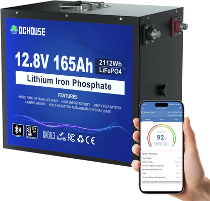 DC HOUSE 12V 165Ah LiFePO4 Lithium Battery, Bluetooth & Low Temp Protection, Safer Metal Case, 12V Lithium Battery up to 15000 Cycles, 120A BMS, Perfect for Trolling Motors, Marine, Boat, Solar