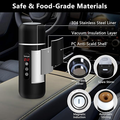 Car Kettle, 12V/24V Portable Electric Travel Kettle 420ML & 304 Stainless Steel Water Boiler with Built-in Magnetic Induction Stirring Temperature Adjustable Bottle Warmer for Tea Coffee Milk