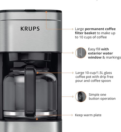 KRUPS Coffee Maker 10 Cups Simply Brew Stainless Steel Drip Coffee Maker, 900 Watts Coffee Filter, Drip Free, Dishwasher Safe Pot , Black & Silver