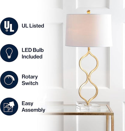JONATHAN Y 31.5" Gold Curved Metal and Crystal Table Lamp, Modern Glam Bedside Lamp with White Linen Drum Shade for Living Room and Bedroom, LED Bulb Included JYL3028A