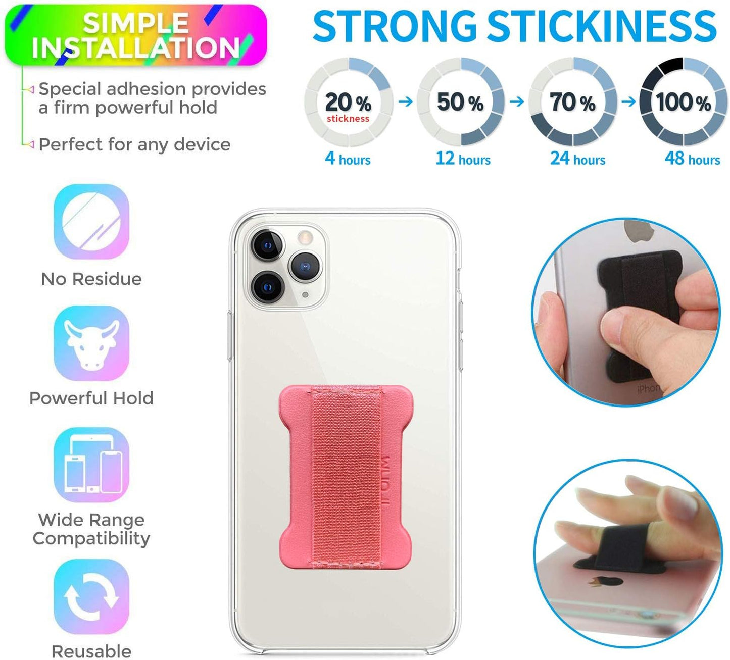 Universal Phone Grip for Smartphones - Phone Holder for Hand for Back of Phone - Wireless Charging Compatible (Black Pink) - 2Pack