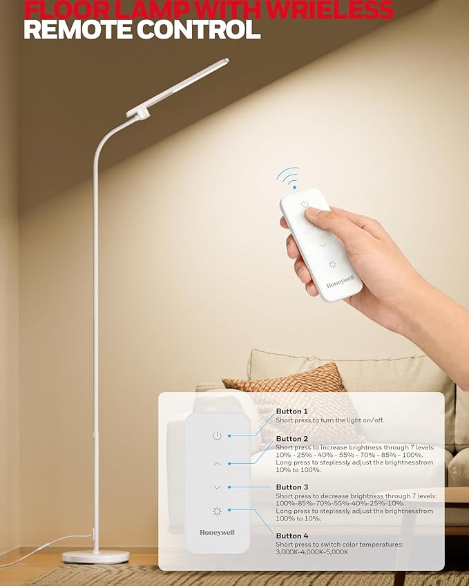 Honeywell F4 Sunturalux LED Floor Lamp with Remote Control, CRI 97 Eye-Caring Stepless Dimmable Task Light, Flexible Gooseneck Reading Lamp for Living Room & Office