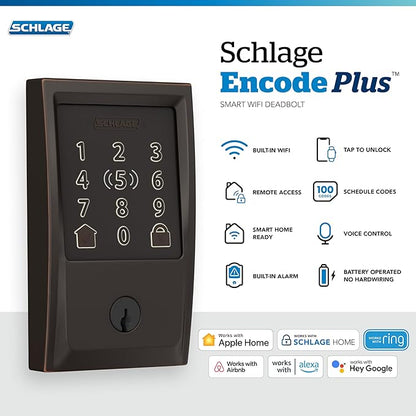 Schlage Encode Plus Smart Wi-Fi Lock for Front Door, Keyless Entry Deadbolt, Unlock with Apple Watch, Built-in WiFi and App Control, Easy Install, Alexa & Apple HomeKit Compatible, Aged Bronze