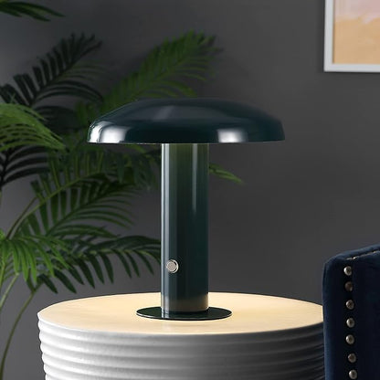 JONATHAN Y 11" Forest Green Rechargeable LED Mushroom Table Lamp, Cordless Portable Dimmable Mid-Century Modern Accent Lamp, with Metal Shade, Touch Sensor (JYL7114D)