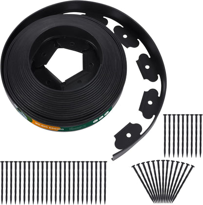 No Dig Durable Garden Landscape Edging Kit, 2 Inch Tall Black Plastic Lawn Border with 72pcs Anchoring Spikes for Landscaping, Flower Gardens, Lawn (60FT+72pcs Anchoring Spikes)