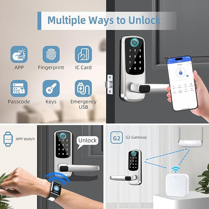 Smart Lock with Handle Set, Biometric Fingerprint Keyless Entry Deadbolt, Electronic Digital Keypad with App Control & Auto-Lock for Front Door, Home, Airbnb & Rental, Satin Nickel