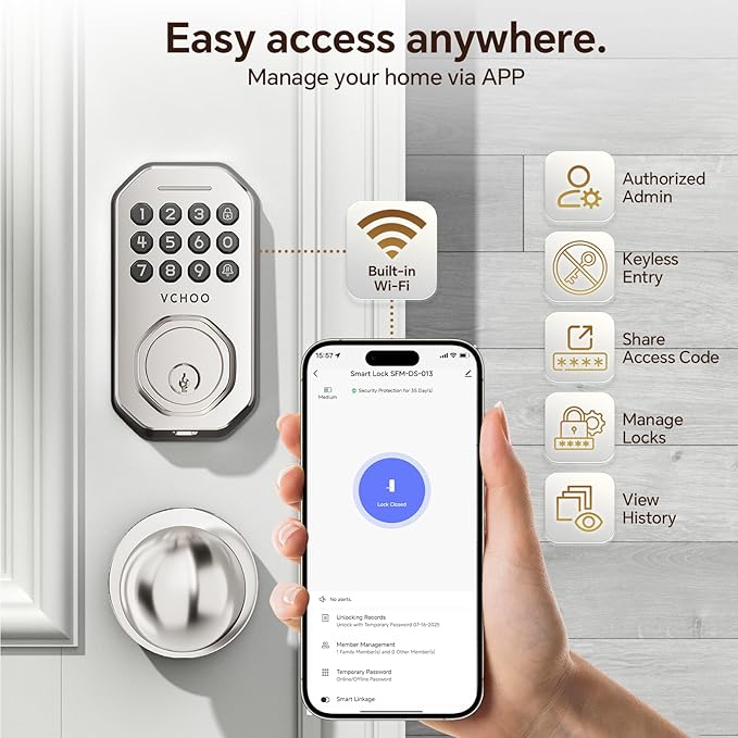 Keyless Entry Door Lock Set WiFi Smart App Control Door Lock for Front Door Keypad Deadbolt with 2 Knobs Auto Lock One Time Codes Easy Install, Satin Nickel