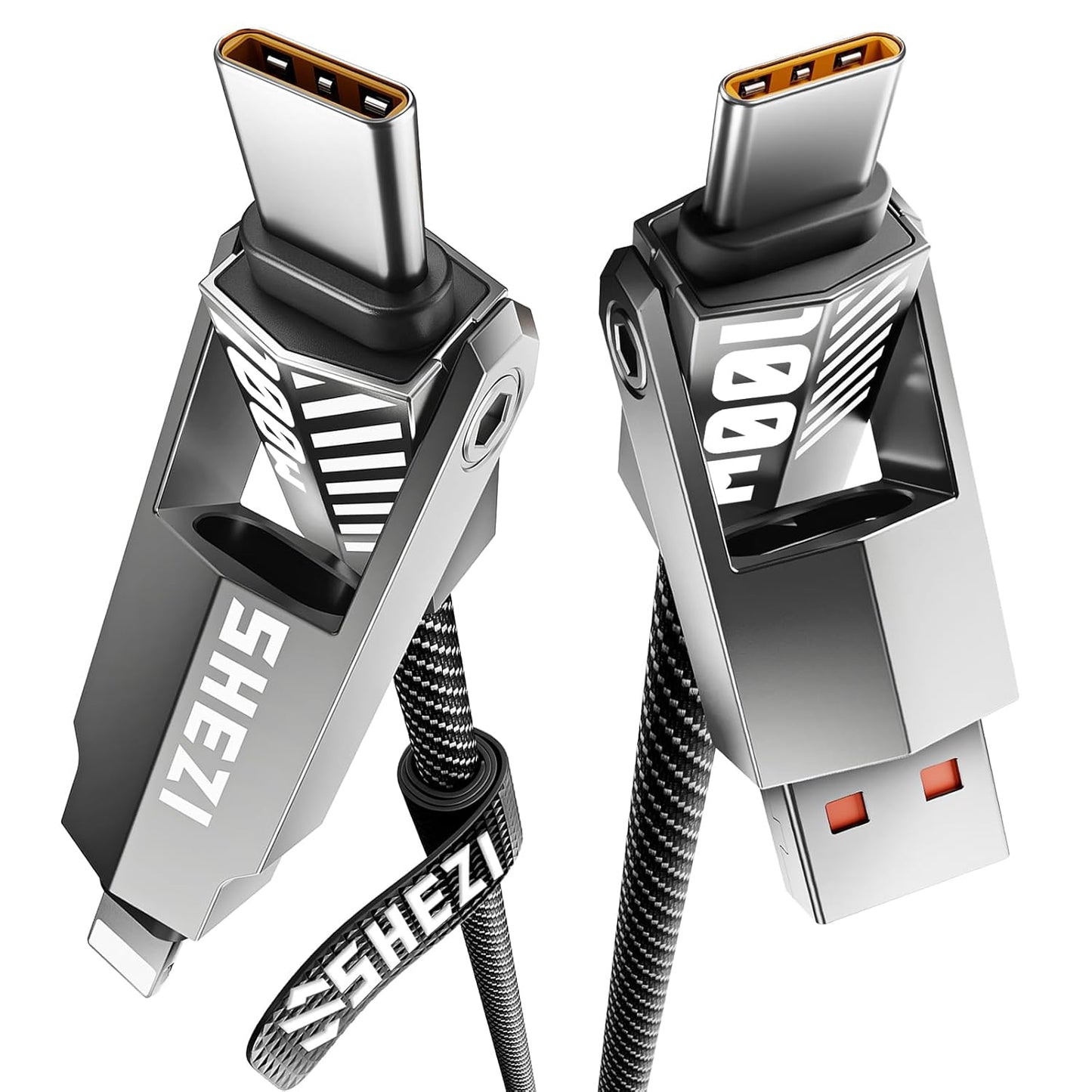 SHEZI Nylon Braided 4 in 1 USB C Cable 100W 3FT Compatible with Lightning Cable, Fast Charging for iPhone/iPad Charger Cord [480Mbps Data Sync],Multi Charging Cable with Type C/USB A, Grey