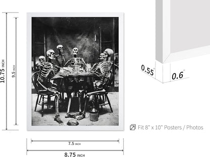 Poster Master Vintage Photograph Poster - Retro Daguerreotype Print - Gift for Artist, Friend - Skeletons Smoking at Table, Dinner Party, Goth - Wall Decor for Home, Dorm, 8x10 White Framed