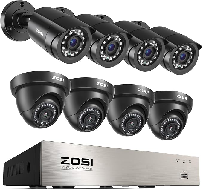 ZOSI 8CH 3K Lite Security Camera System with AI Human Vehicle Detection, 8 x 1920TVL Weatherproof Home Outdoor Cameras, 80ft Night Vision, Remote Access, H.265+ 8 Channel Video DVR, NO Hard Drive