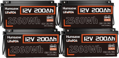 4PACK 12V 200Ah LiFePO4 Battery, Built-in 200A BMS, Rechargeable Deep Cycles DIY Battery, 2560Wh Lithium Battery for Off-Grid and Home Solar System, Marine, Trailer, RV