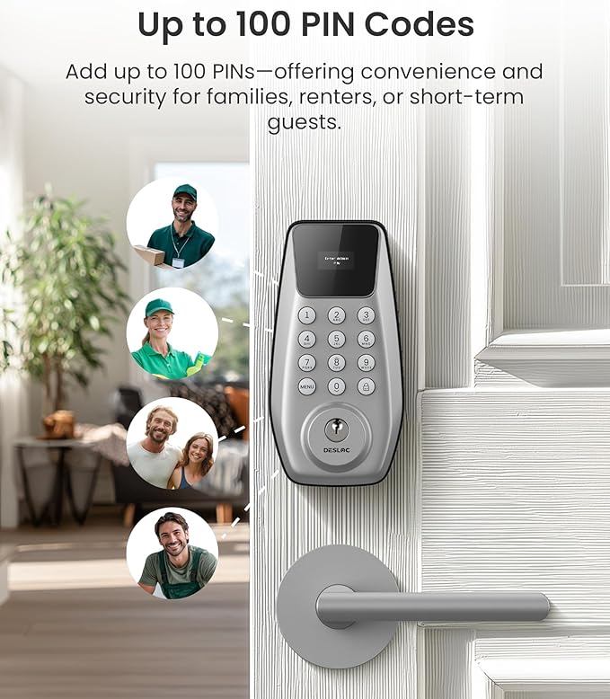DESLOC C100 Keyless Entry Door Lock with 2 Lever Handles, Smart Deadbolt Lock for Front Door with 2 Keys, Auto Lock, 100 PIN Codes, Passage Mode, IP54 Waterproof, 12 Months Battery,Silver
