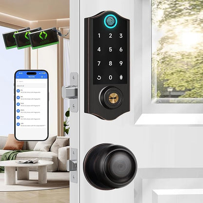 Harfo Fingerprint Smart Door Locks for Front Door with Handle Set, App Control, Keyless Entry Door Lock Keypad Deadbolt, Bluetooth Digital Electronic Touchscreen, Easy Install, Auto Lock, Aged Bronze