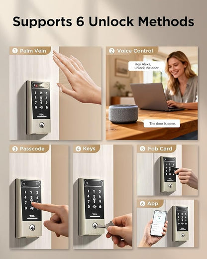 TCL Smart Lock D2 Pro with Palm Vein Recognition, Keyless Entry Door Lock for Front Door, Wi-Fi Keypad Deadbolt, App Remote Control, Auto Lock, Rechargeable Battery, Works with Alexa & Google
