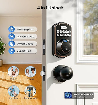 Veise Fingerprint Door Lock with 2 Knobs - Keyless Entry Door Lock with Handle, Electronic Keypad Deadbolt, Smart Front Handle Set, Auto-Locking, Waterproof, Easy Installation, Oil-Rubbed Bronze