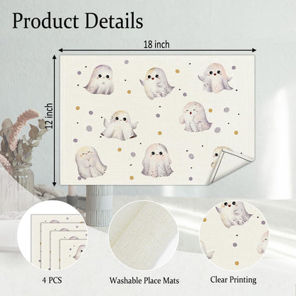 Halloween Placemats Set of 4, Cute Ghost Table Mat for Home Kitchen, Restaurants, Outdoor Linen Washable Place Mats 12x18 inch Party Event Dining Decoration-14