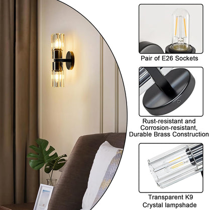 Black Crystal Wall Sconces Set of Two, Wall Sconce Set of 2, Black Sconces Wall Lighting with K9 Crystal Lampshade, Wall Lights for Bedroom Living Room Bathroom Hallway