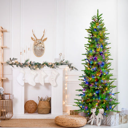 Fraser Hill Farm 9-Ft. Carmel Pine Slim Artificial Christmas Tree with Dual Multicolor & Warm White LED Lights and Stand, Prelit Foldable Fake Tree with Realistic Foliage for Home Decoration