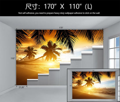 WFBHUA-Tropical Beach Wallpaper Dusk Waves Palm Tree Leaf Coconut Tree Wall Mural for Living Room Bedroom (Not Peel and Stick)