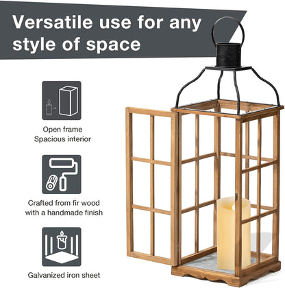 Glitzhome Set of 2 Oversized Farmhouse Wood Lanterns with Metal Top Decorative Hanging Candle Lanterns for Home Décor, Natural (No Glass)