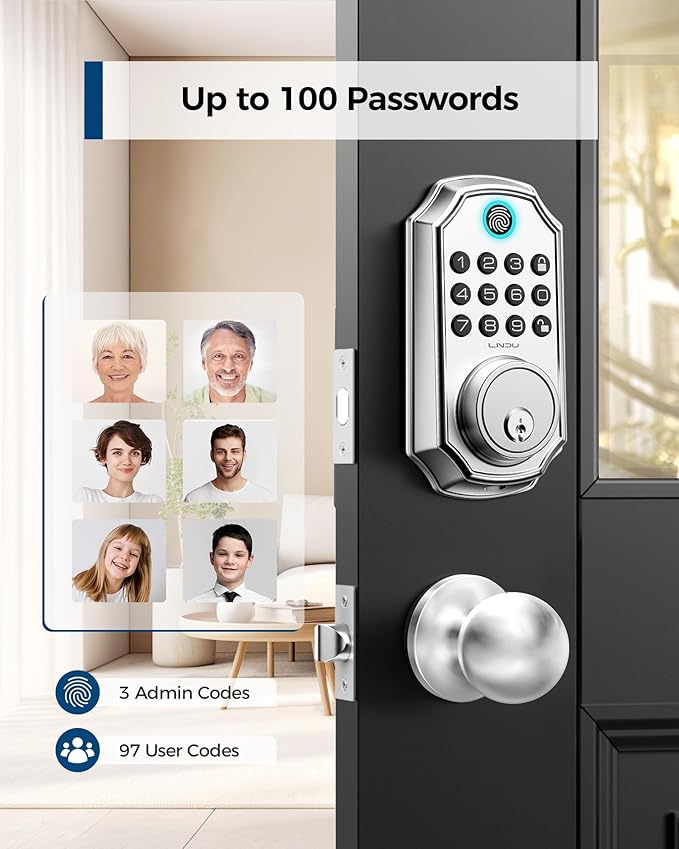 Keyless Entry Door Lock with Handle, App Control Front Door Lock Set Keyless Entry, LNDU 100 Passcode Door Locks for Front Door, Auto Lock One Touch Lock, Anti-Peeking Password, Easy to Install