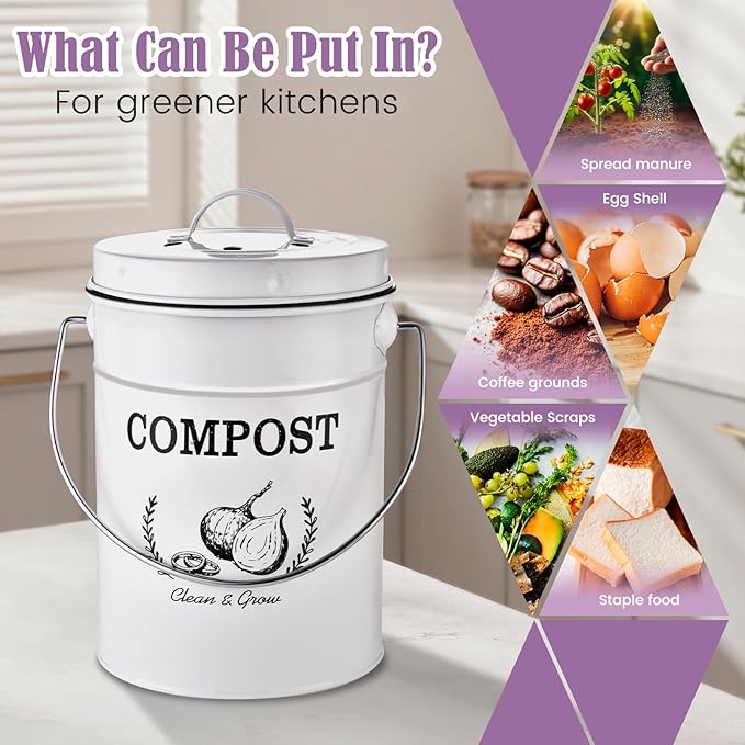 AOSION Countertop Compost Bin Kitchen,Odorless Indoor Compost Bin with Lid and Compost Bags,Compost Bucket Composter Container for Food Waste,White