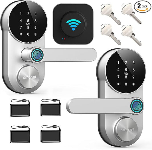 SMONET Smart Lock Keyless Entry Keypad Door Lock with Handle: WiFi Smart Fingerprint Lock for Front Door Easy Installation App Remote Control 2-Pack,WiFi Smart Deadbolt,Silver