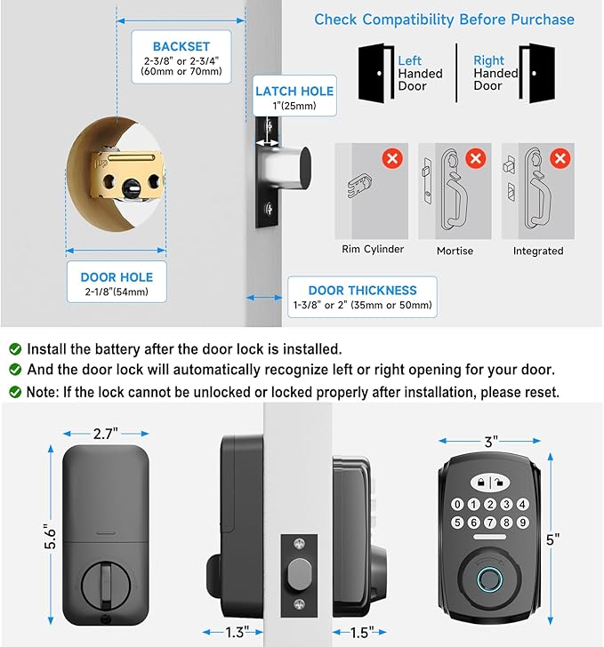 Fingerprint Door Lock - Keyless Entry Door Lock Smart Deadbolt Lock - Electronic Digital Keypad Lock - Smart Locks for Front Door - Auto Lock - Easy Installation