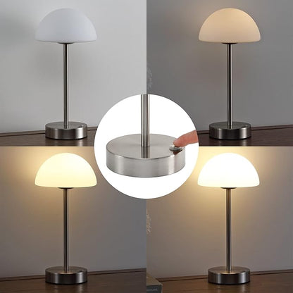 JONATHAN Y 12.5" Nickel Modern Rechargeable Portable LED Table Lamp, Cordless Dimmable Touch Accent Lamp with White Frosted Glass Shade for Bedroom Living Room Bar Vanity JYL7109A