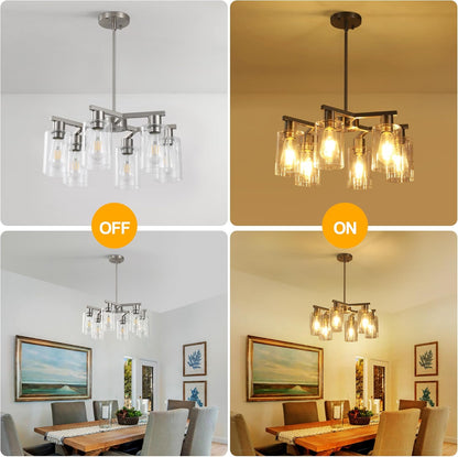 6-Light Farmhouse Brushed Nickel Chandelier,Modern Chandeliers for Dining Room Light Fixture Over Table,Adjustable Hanging Industrial Rustic Pendant Lights Kitchen Island Light with Clear Glass Shade