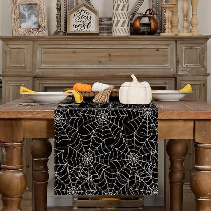 Halloween Table Runner Spider Web Black Linen Table Runners for Seasonal Holidays Indoor Outdoor Kitchen Dining Party Home Decor 13 x 36 Inch