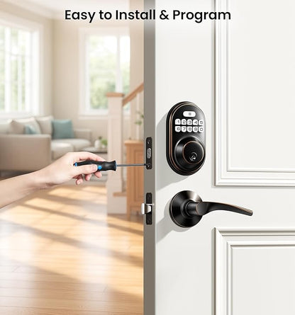 Veise Keyless Entry Door Lock with 2 Lever Handles - Electronic Keypad Deadbolt, Auto Lock, Back Lit & Easy Installation Design, Front Door Handle Sets, Oil Rubbed Bronze