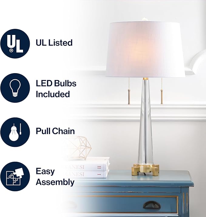 JONATHAN Y 29.5" Clear/Brass Gold 2-Light Crystal LED Table Lamp, Contemporary Glam Bedside Lamp for Living Room, White Linen Drum Shade, Pull Chain, LED Bulbs Included JYL2018A