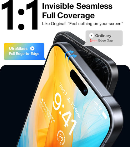UltraGlass Unbreak Top 9H+ Glass for iPhone 16 Plus Screen Protector [12FT Military Grade Shatterproof] [Full Coverage] Tempered Glass [Longest Durable] 2 Pieces