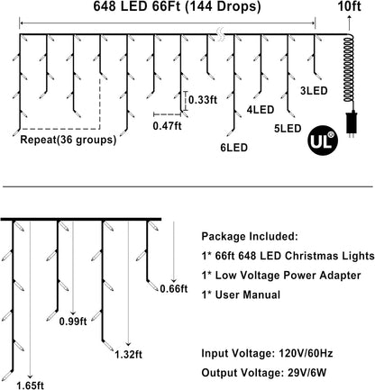 648 LED Christmas Lights with 144 Drops, 66ft 8 Modes Christmas String Lights Outdoor, Waterproof Christmas Decorations Fairy Lights with Timer Memory for Xmas Party Patio Window Fence Warm White
