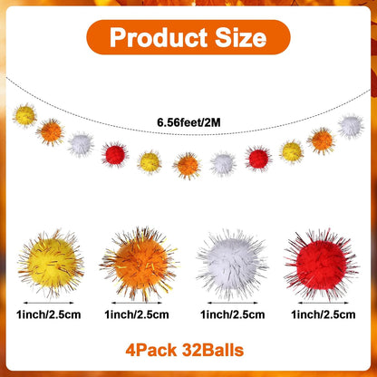4 Pack Fall Glitter Felt Ball Garlands, Glittery Pom Pom Garland Orange, Yellow, White, Red Large Felt Ball Decorations for Autumn Thanksgiving Halloween Party Decor