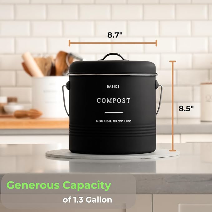 D'Lifeful Kitchen Compost Bin – 1.3 Gallon Countertop Farmhouse Compost Container with Lid – Odorless Indoor Food Scrap Pail with 6 Charcoal Filters – Eco-Conscious and Easy to Clean (Black)