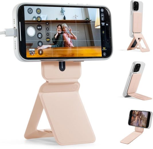 MOFT Phone Tripod Stand Selfie Stick for iPhone, Multi-Angles iPhone Stand, Lightweight & Portable Phone Holder, Strong Magnets, MOVAS Vegan Leather, Travel Essentials, Peach Pink (Without Card Slot)