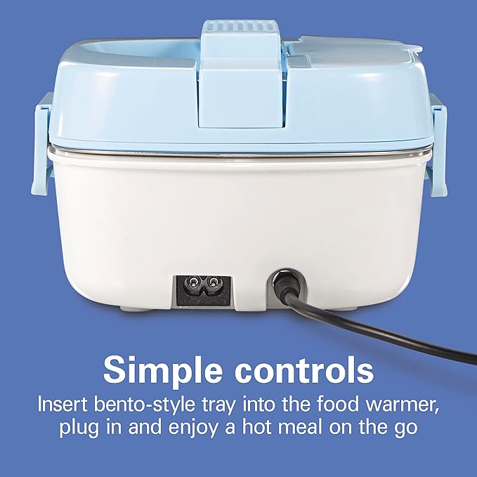 Hamilton Beach Portable Electric Lunch Box Food Warmer for Office & Car with 12V Adapter, 120V Plug, Stainless Steel 3 Compartment Tray, Insulated Carrying Bag, Fork & Spoon, Blue (33105)
